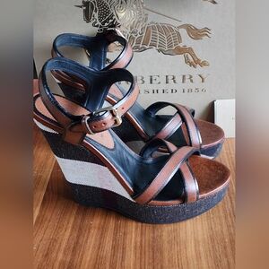 New 100% Auth Burberry Women's Platform Wedge Brown Leather Sandals